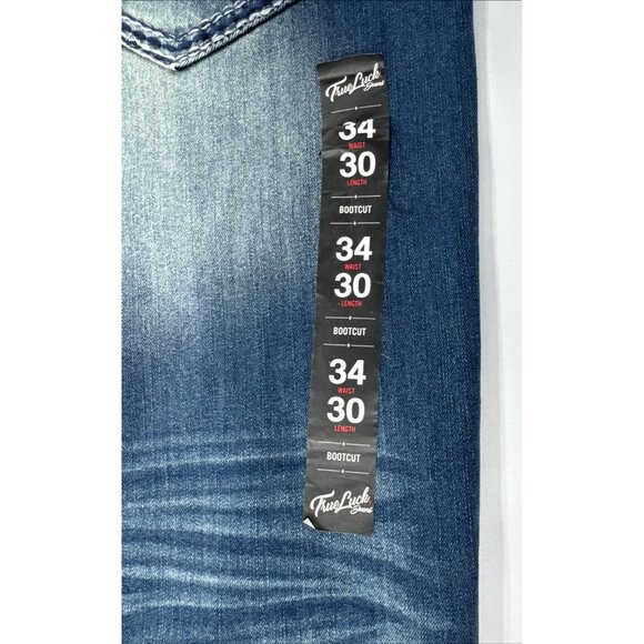True Luck Jeans Mens 34x30 Blue Denim Bootcut Stretch Embroidered Whiskering - Picture 9 of 11